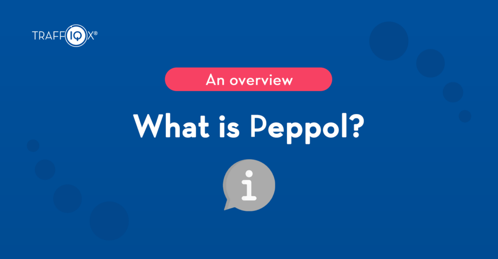 Blue slide with Traffic IQ logo, a pink rounded badge reading 'An overview', and the large title 'What is Peppol?' with a gray info icon below.
