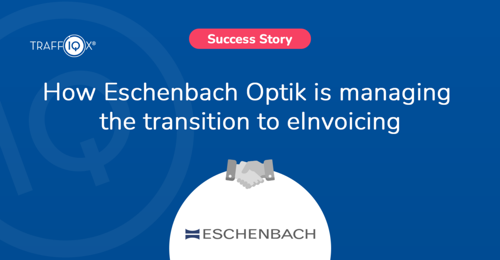 Blue banner announcing a success story: 'How Eschenbach Optik is managing the transition to eliminating' with a handshake graphic above a white circle and the Eschenbach logo.